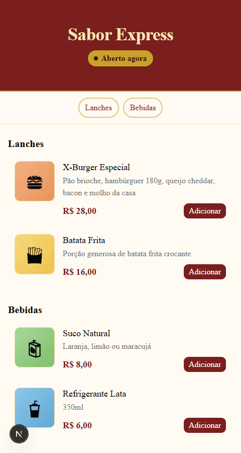 Cardápio digital do Pede.Ali visto pelo cliente